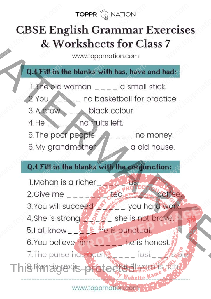 CBSE English Grammar Exercises for Class 7 (English Worksheets)